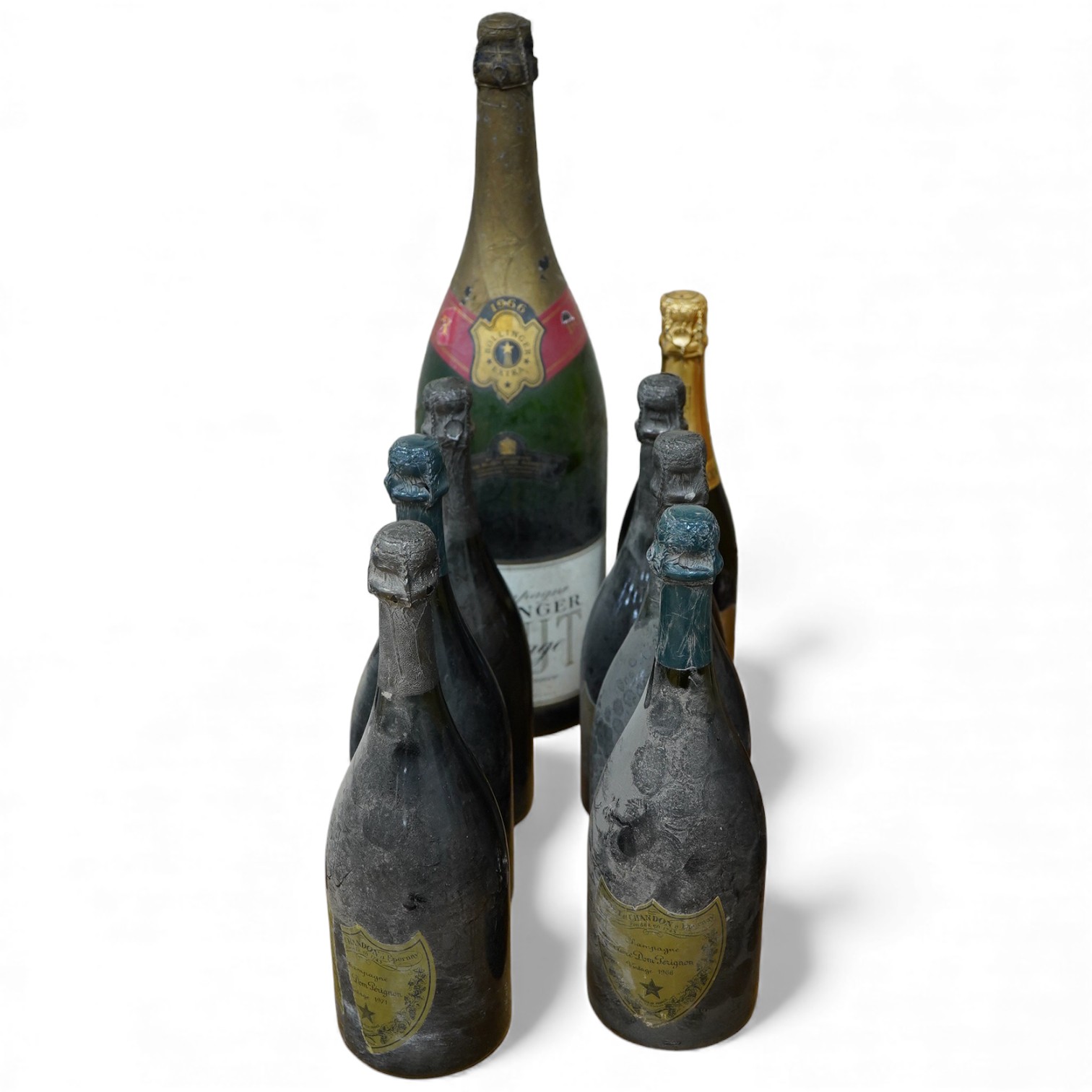 Eight bottles of champagne, including a jeroboam of Bollinger 1966 (poor level - mid body) six bottles of Dom Perignon to include 1964, 1966, 1971, 1980 and 1982 (2) and a Codorniu, 1990